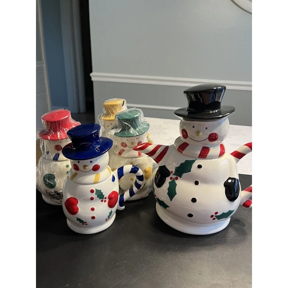 Temptations 5-Piece Snowman Entertaining Tea Set NIB. 48oz Teapot & 4 12oz Mugs